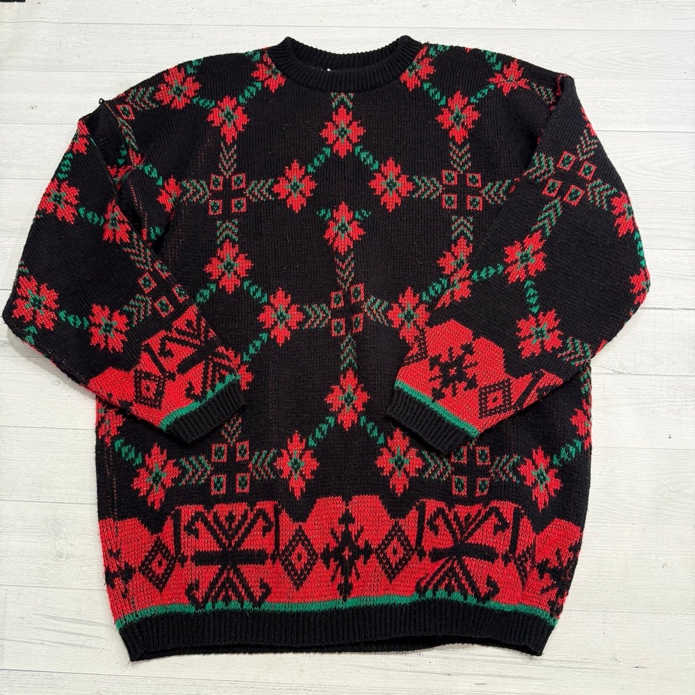 Vintage Cuddl Knit Womens red green black holiday sweater size large